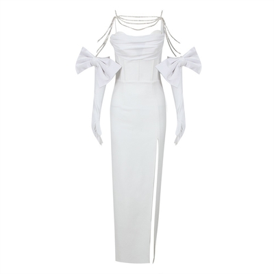 Kimshein Sexy Role Play Costume White High Slit Tight Dress with Butterfly Bow and Chain Intelligent Tracking Support