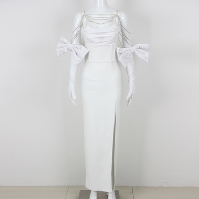 Kimshein Sexy Role Play Costume White High Slit Tight Dress with Butterfly Bow and Chain Intelligent Tracking Support