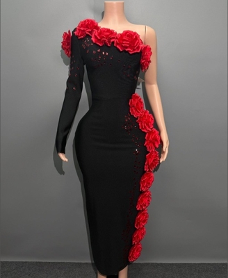 LS2673 Single-Shoulder Floral Women's Beaded Crystal Birthday Party Bandage Dress for Elegant and Classy Appearance