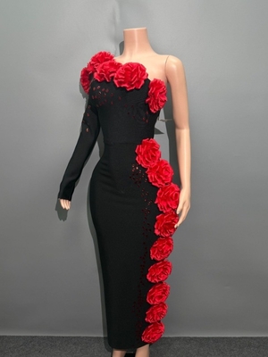 LS2673 Single-Shoulder Floral Women's Beaded Crystal Birthday Party Bandage Dress for Elegant and Classy Appearance