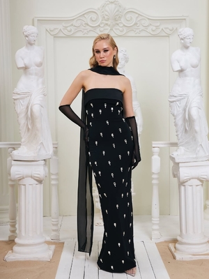 SB3477 end Women's Fashion Stylish and Elegant Party Dress with Water Diamond Beaded Embellishments Front Wrap Style Woven