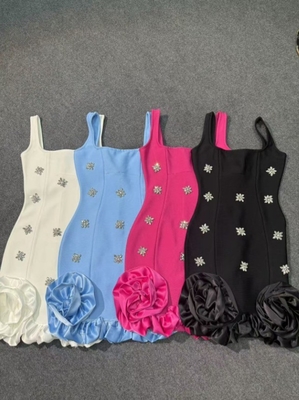 SB3463 Mini Pleated Edge Crystal Rhinestone Women's Floral Birthday Dress Fashion Bandage Dress with Mini Evening Design