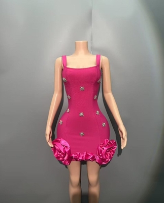 SB3463 Mini Pleated Edge Crystal Rhinestone Women's Floral Birthday Dress Fashion Bandage Dress with Mini Evening Design