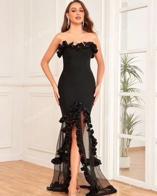 SB3464 Elegant Off-Shoulder Bandage Bodycon Cocktail Party Dress with Pleated Mesh and High Slit Polyester Material