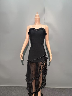 SB3464 Elegant Off-Shoulder Bandage Bodycon Cocktail Party Dress with Pleated Mesh and High Slit Polyester Material