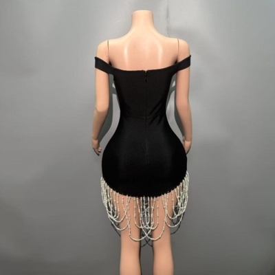 SB3465 Women's Summer Bandage Party Mini Dress with Pearl Fringe Sexy Off-Shoulder Strapless Bandage Dress Made by SB3465