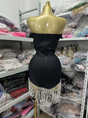 SB3465 Women's Summer Bandage Party Mini Dress with Pearl Fringe Sexy Off-Shoulder Strapless Bandage Dress Made by SB3465