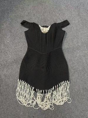 SB3465 Women's Summer Bandage Party Mini Dress with Pearl Fringe Sexy Off-Shoulder Strapless Bandage Dress Made by SB3465