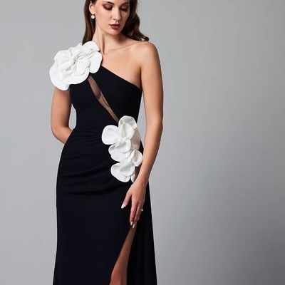 SB3462 Women's Celebrity Party Dress Sexy Sleeveless High Slit Dress in Black with 3D Flower and Bandage Fabric