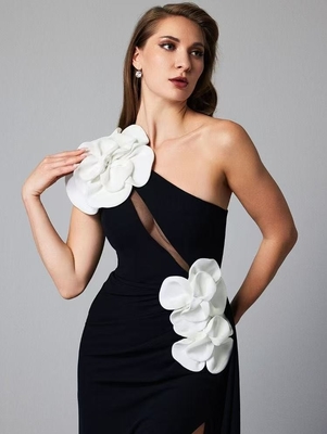 SB3462 Women's Celebrity Party Dress Sexy Sleeveless High Slit Dress in Black with 3D Flower and Bandage Fabric