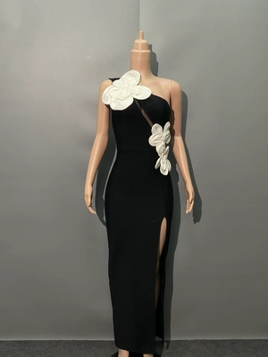 SB3462 Women's Celebrity Party Dress Sexy Sleeveless High Slit Dress in Black with 3D Flower and Bandage Fabric