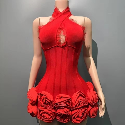 SB3466 Summer Backless Women's Sexy 3D Flower Sleeveless Mini Dress for Fashion Party Bandage Dress in Woven Craft Style