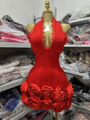 SB3466 Summer Backless Women's Sexy 3D Flower Sleeveless Mini Dress for Fashion Party Bandage Dress in Woven Craft Style