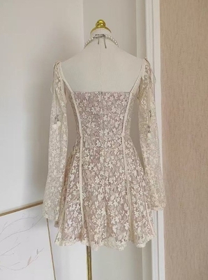 Dance the Night Away in LS2677 Square Neck Mini Dress for Women Slim Fit and Sexy Long Sleeve Lace Dress