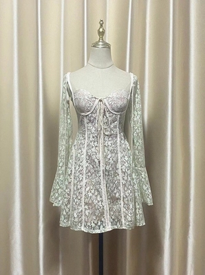 Dance the Night Away in LS2677 Square Neck Mini Dress for Women Slim Fit and Sexy Long Sleeve Lace Dress