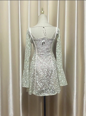 Dance the Night Away in LS2677 Square Neck Mini Dress for Women Slim Fit and Sexy Long Sleeve Lace Dress