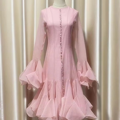 LS2526 Kimshein Women's Spring Fashion Long Sleeve Cute Cocktail Unique Midi Dress Elegant Dress with Back Projection Logo