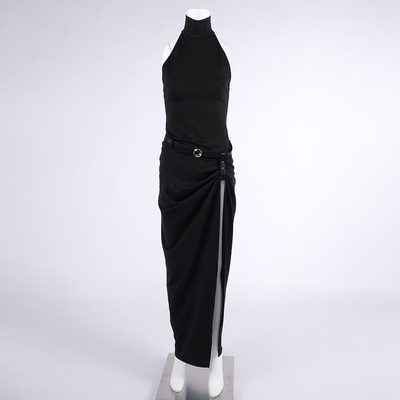 Water Washed SB3473 Summer Black Bodycon Dress High Slit Waist Belt and Luxurious Elegance for Parties