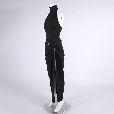 Water Washed SB3473 Summer Black Bodycon Dress High Slit Waist Belt and Luxurious Elegance for Parties