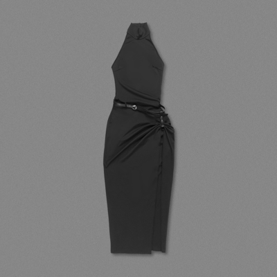 Water Washed SB3473 Summer Black Bodycon Dress High Slit Waist Belt and Luxurious Elegance for Parties