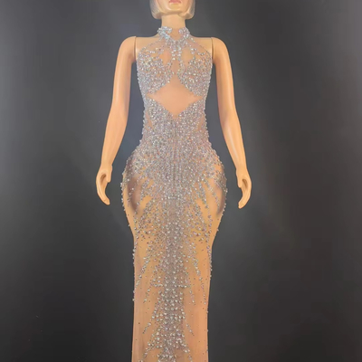 AD2576 Luxurious Silver Water Diamond Sleeveless Dress with Sexy Mesh Beaded Handmade Performance Dress Woven Craft