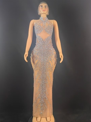 AD2576 Luxurious Silver Water Diamond Sleeveless Dress with Sexy Mesh Beaded Handmade Performance Dress Woven Craft