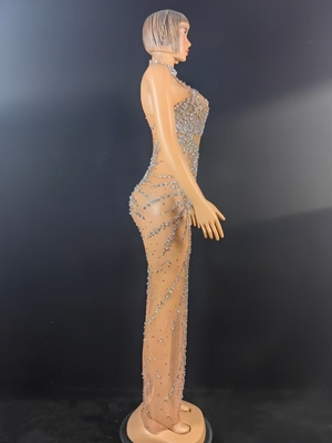 AD2576 Luxurious Silver Water Diamond Sleeveless Dress with Sexy Mesh Beaded Handmade Performance Dress Woven Craft