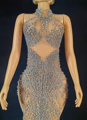 AD2576 Luxurious Silver Water Diamond Sleeveless Dress with Sexy Mesh Beaded Handmade Performance Dress Woven Craft