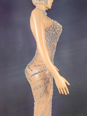 AD2576 Luxurious Silver Water Diamond Sleeveless Dress with Sexy Mesh Beaded Handmade Performance Dress Woven Craft