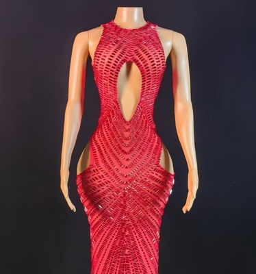 AD2578 Red Crystal Sleeveless Ball Gown Sexy Hollow Out Long Dress Tight Luxurious Dress for Moisture Evaporation System