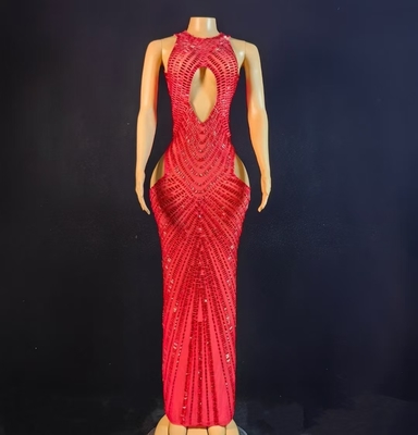 AD2578 Red Crystal Sleeveless Ball Gown Sexy Hollow Out Long Dress Tight Luxurious Dress for Moisture Evaporation System