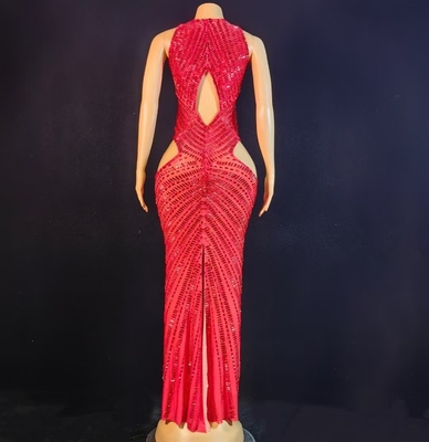 AD2578 Red Crystal Sleeveless Ball Gown Sexy Hollow Out Long Dress Tight Luxurious Dress for Moisture Evaporation System
