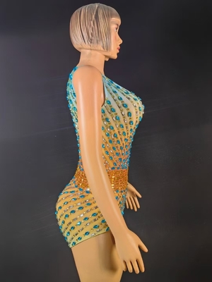 AD2574 Blue Rhinestone Bodycon Dress Luxury Crystal Sexy Women's Performance Dress in Knee Length from in and for Your Performance