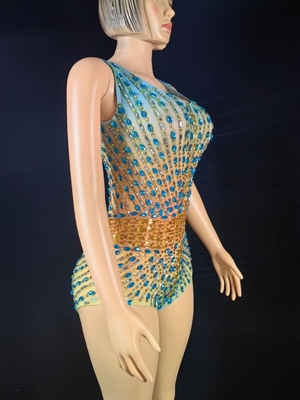 AD2574 Blue Rhinestone Bodycon Dress Luxury Crystal Sexy Women's Performance Dress in Knee Length from in and for Your Performance