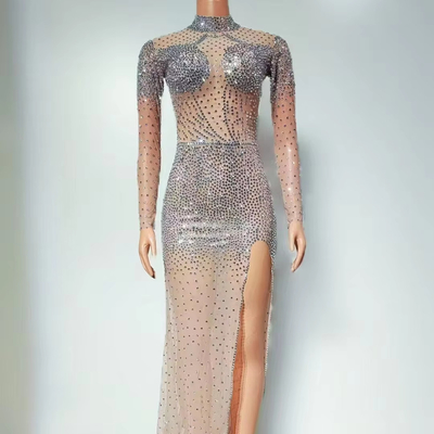 Flashing Evening Dress with Luxurious Rhinestones and Long Sleeves Col haut AD2561 Customizable Logo Placement High Sewing