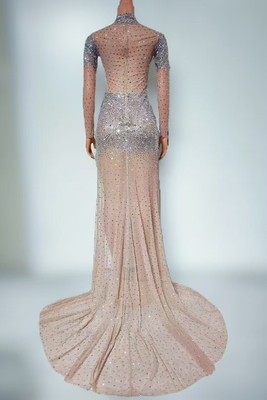 Flashing Evening Dress with Luxurious Rhinestones and Long Sleeves Col haut AD2561 Customizable Logo Placement High Sewing