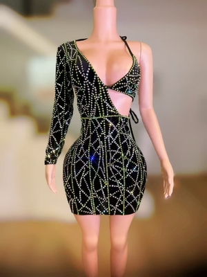 Kimshein Luxurious Crystal Diamond Dress Unique Sleeved Sexy Hollow Out Evening Dresses for Black Fashion Party and Chic