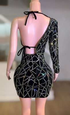 Kimshein Luxurious Crystal Diamond Dress Unique Sleeved Sexy Hollow Out Evening Dresses for Black Fashion Party and Chic