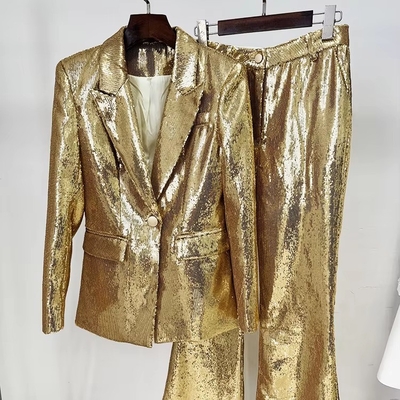 Eco-Friendly SR2417 Fashion Long Sleeve Casual Style Shiny Sequin Suit Jacket and Pants Set for Club Night Women's Suit