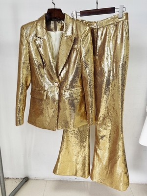 Eco-Friendly SR2417 Fashion Long Sleeve Casual Style Shiny Sequin Suit Jacket and Pants Set for Club Night Women's Suit