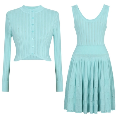 SR2411 Top Length Regular Sleeves Knitting Craft Yes Plus Size Women's Suit Set Sleeveless Short Dress 2-Piece Knit Suit
