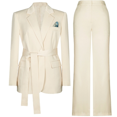 Kimshein SR2412 Spring Collection Deep V-neck Suit Jacket and Waist Belted Trousers for an Elegant Two-piece Set