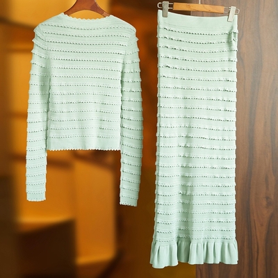7-Day Fast Sampling SR2414 End Women's Fashion Suit with Ruffled Edge Knit Stretch Jacket and Skirt Set Quick-Drying