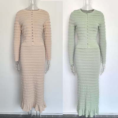 7-Day Fast Sampling SR2414 End Women's Fashion Suit with Ruffled Edge Knit Stretch Jacket and Skirt Set Quick-Drying