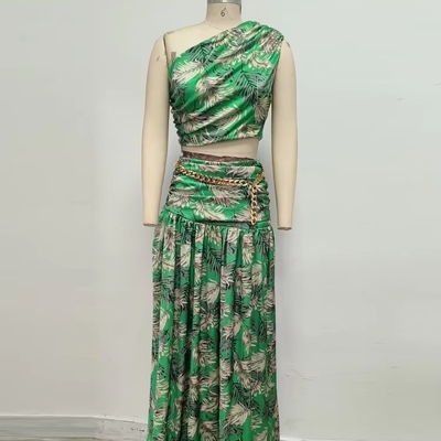Summer Sets Women Green Floral Printed Tops and Long Skirt Casual Fashion 2 Piece Set with None Printing Method