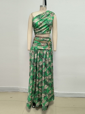 Summer Sets Women Green Floral Printed Tops and Long Skirt Casual Fashion 2 Piece Set with None Printing Method