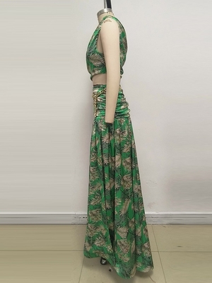 Summer Sets Women Green Floral Printed Tops and Long Skirt Casual Fashion 2 Piece Set with None Printing Method