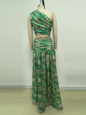 Summer Sets Women Green Floral Printed Tops and Long Skirt Casual Fashion 2 Piece Set with None Printing Method