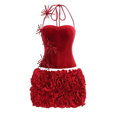 SS2380 Kimshein Nightclub Style Velvet Herringbone Tight Top and Handmade 3D Flower Mini Skirt Set for Women's Night Out