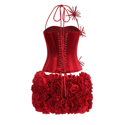 SS2380 Kimshein Nightclub Style Velvet Herringbone Tight Top and Handmade 3D Flower Mini Skirt Set for Women's Night Out